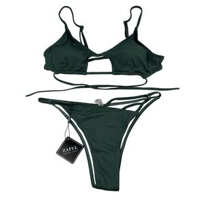 Zaful Ribbed Keyhole String Bikini Dark Green‎ Swimsuit Size 8 Vacation Coquette